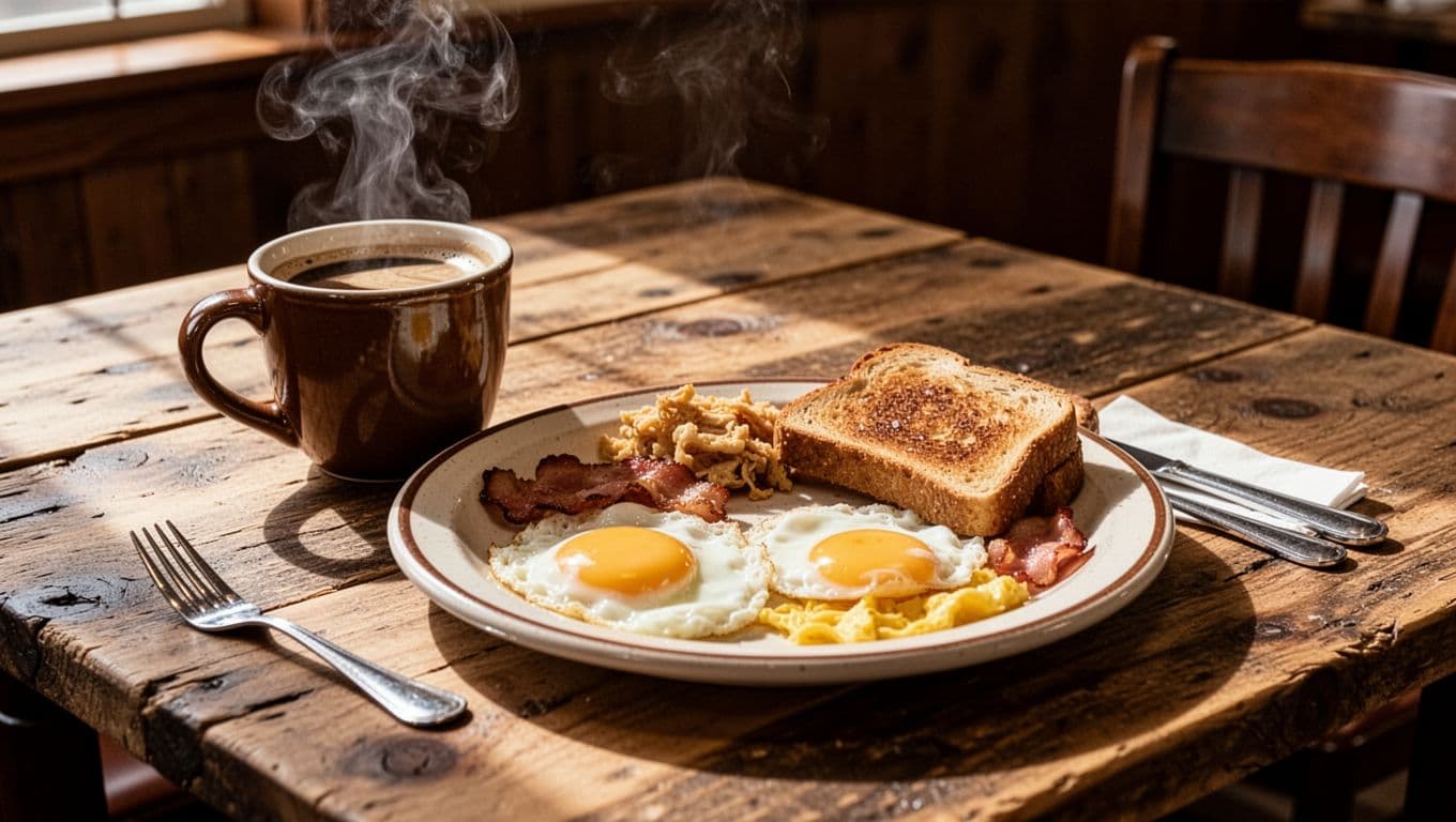 Coffee and breakfast on a rustic table beneath a Local Bites banner.