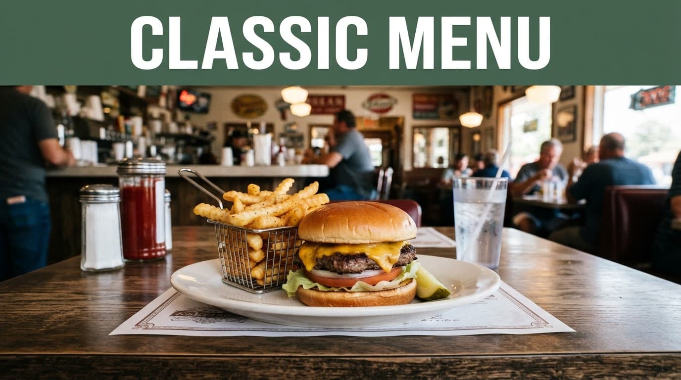 A burger and fries on a diner table beneath a dark-green headline band.