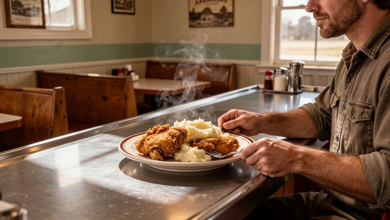 A plate of comfort food sits on a classic Arkansas diner counter.