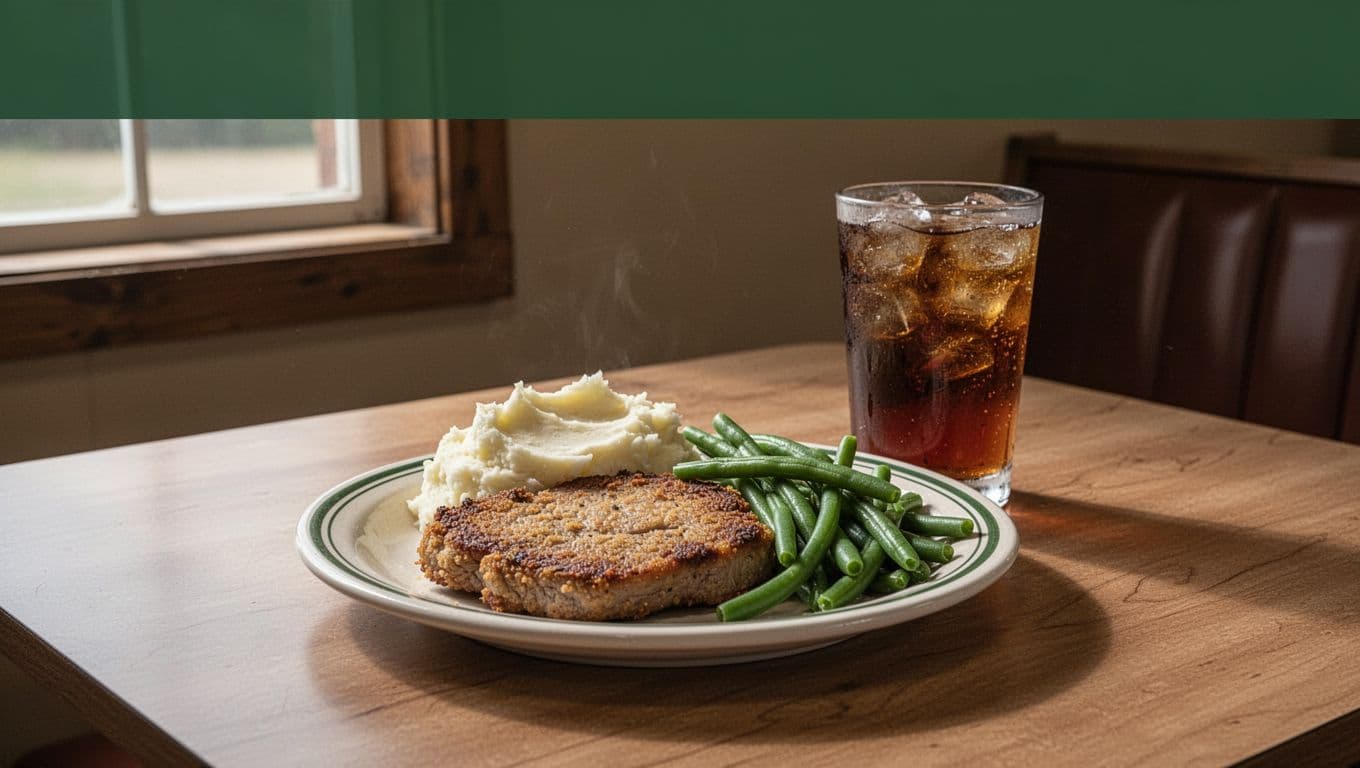 Country-fried steak plate with mashed potatoes, green beans, and iced tea on a wooden table.