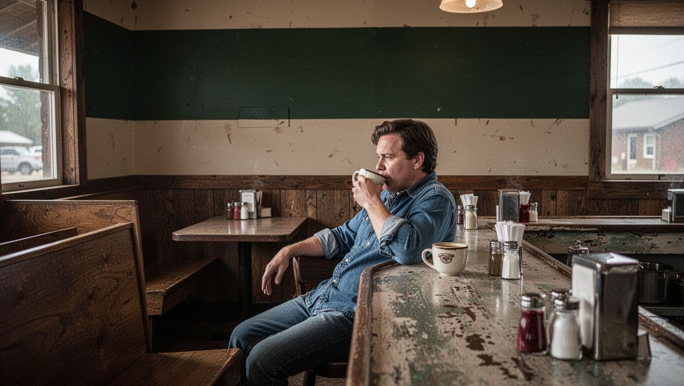 A rural diner with coffee cups, rustic seating, one person, and a green 
