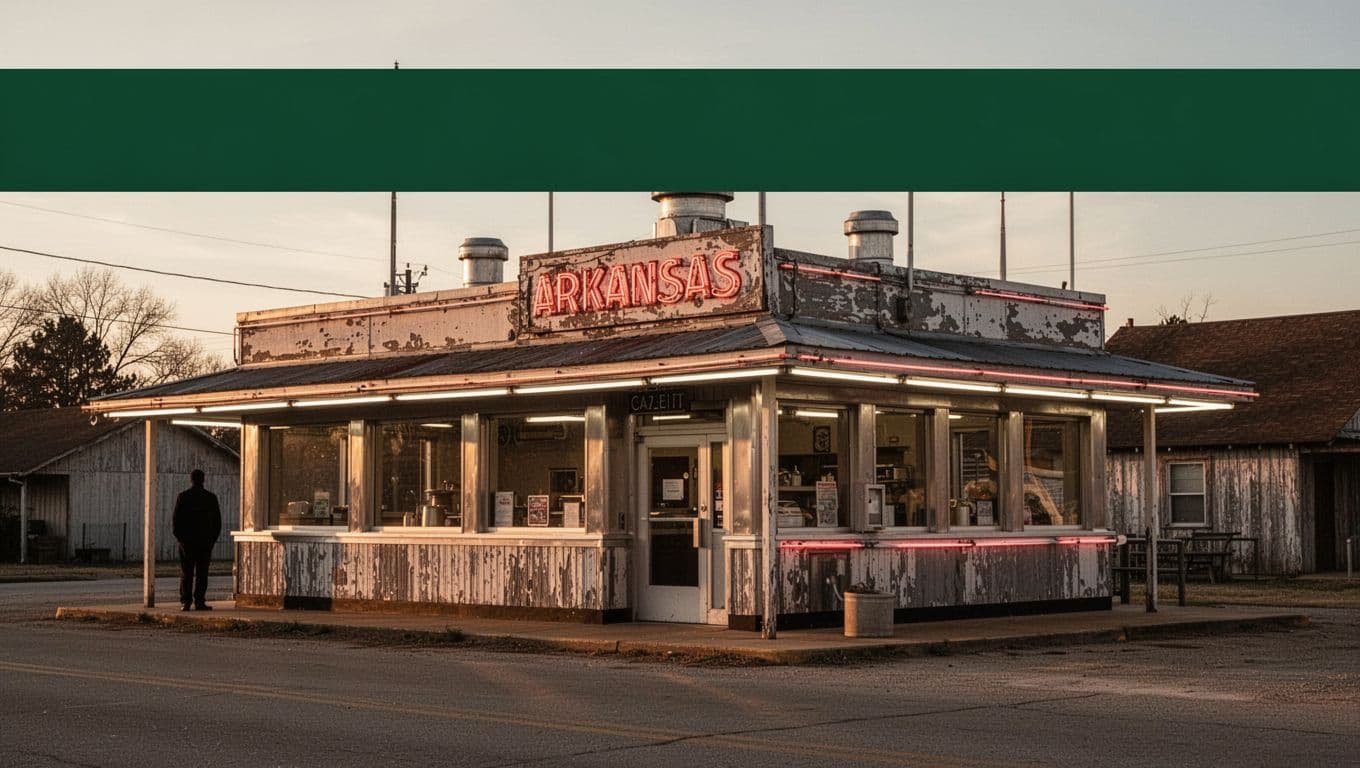 A rustic Arkansas diner at golden hour with one person near the entrance and a green headline banner.