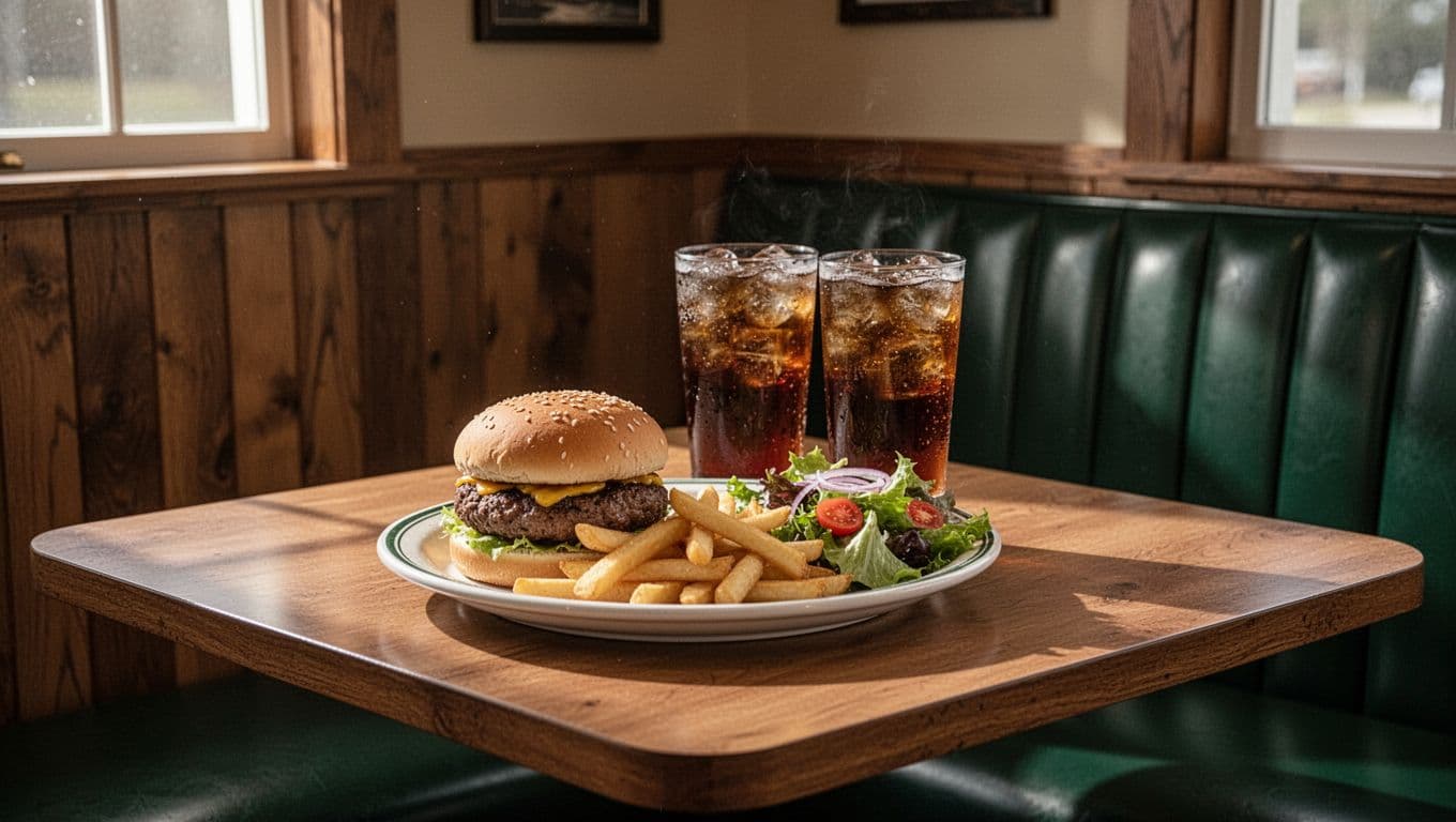 Burger, fries, iced tea, and salad on a table in a cozy country diner.