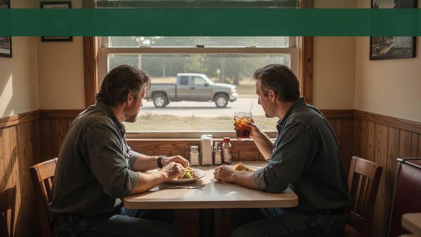 A traveler eats at a diner table beside a window with iced tea and a pickup truck outside.