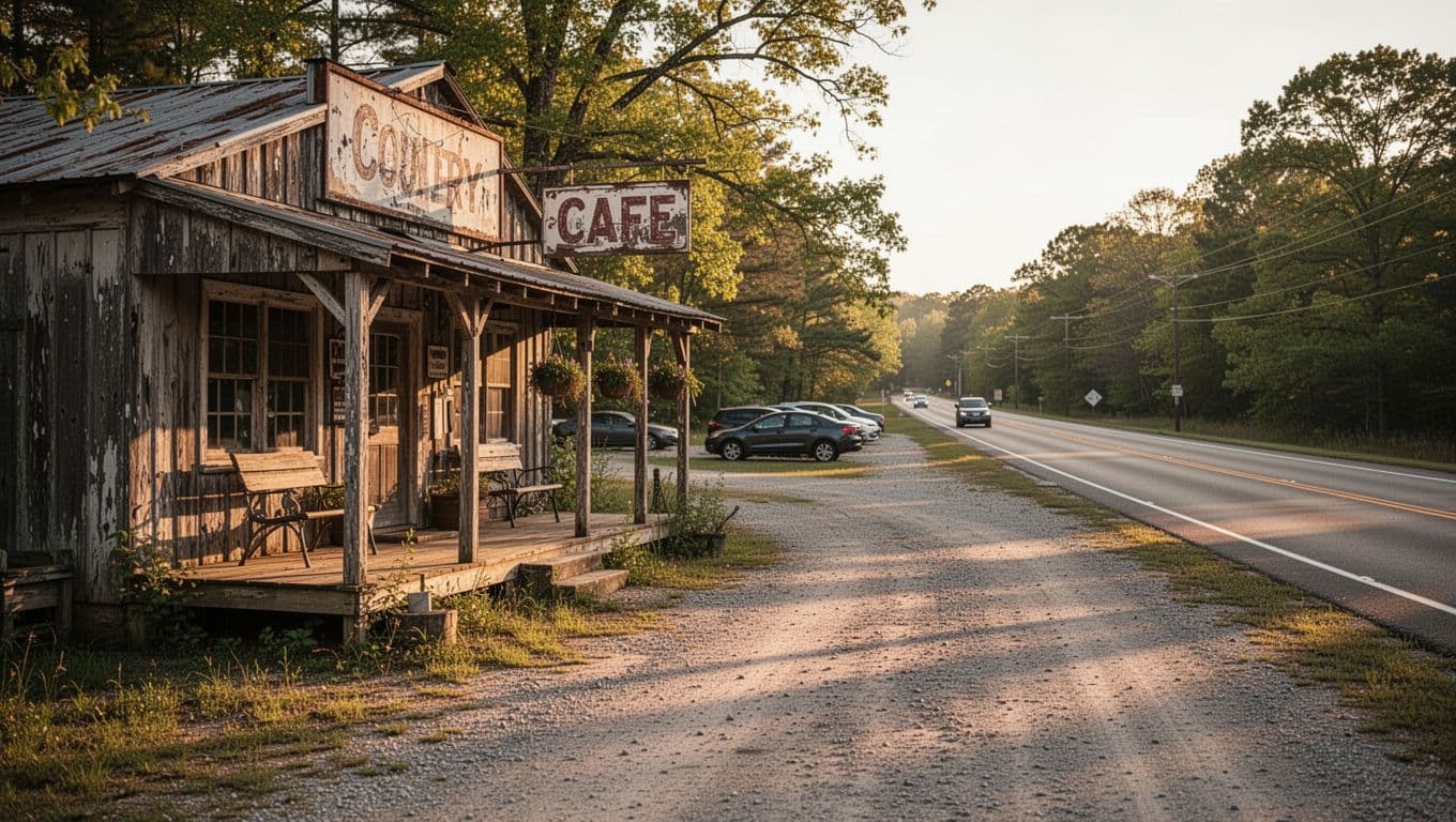 Rustic cafe beside an Arkansas highway with a dark-green band reading Roadside Dining.