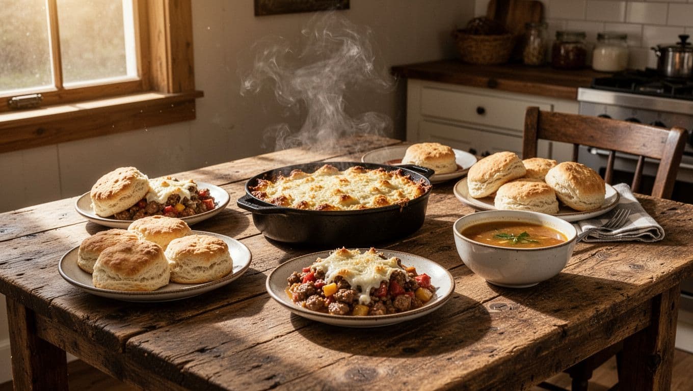 Comfort food dishes arranged on a rustic wooden table beneath a Local Eats banner.