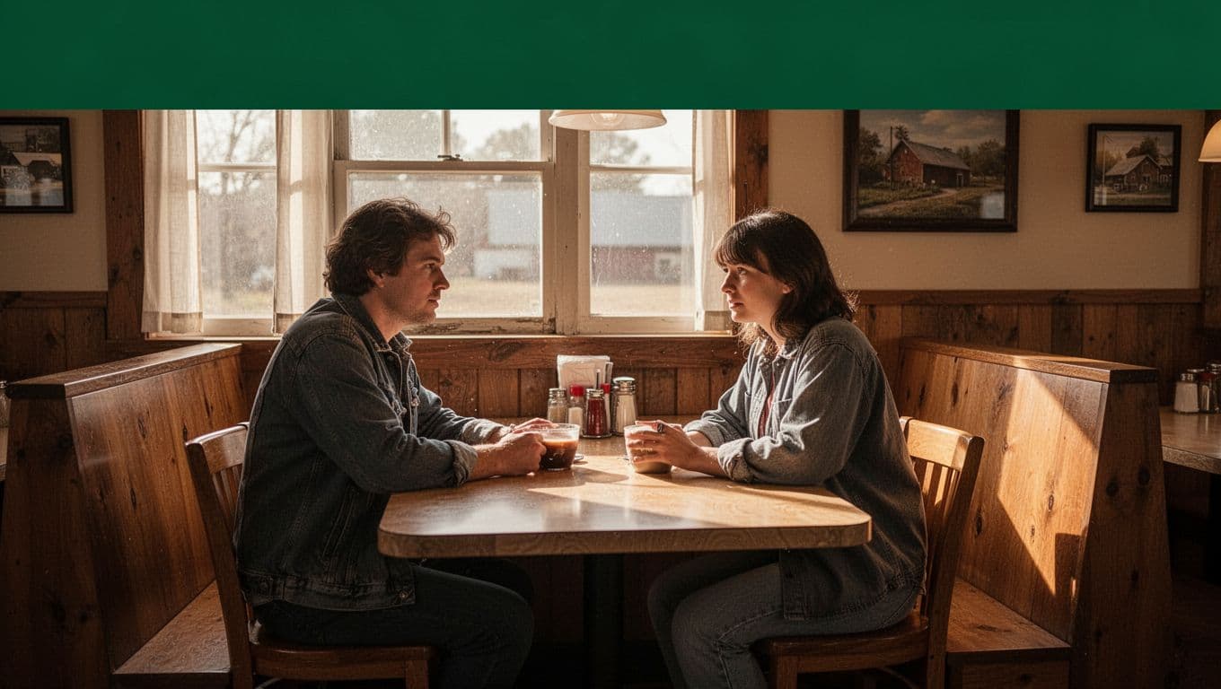 A rural Arkansas diner with one person beneath a Local Dining banner.