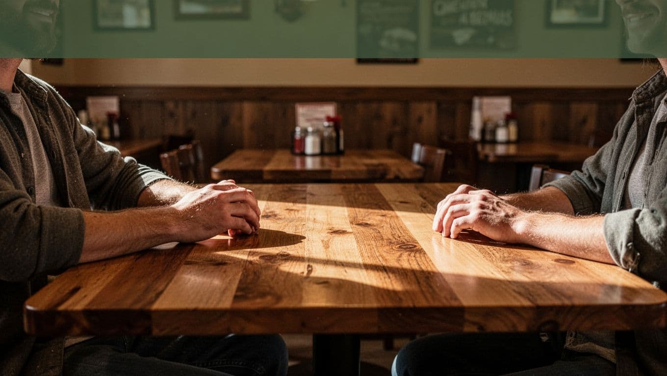 A relaxed diner sits in a warmly lit Arkansas restaurant with wooden tables and a green headline band.