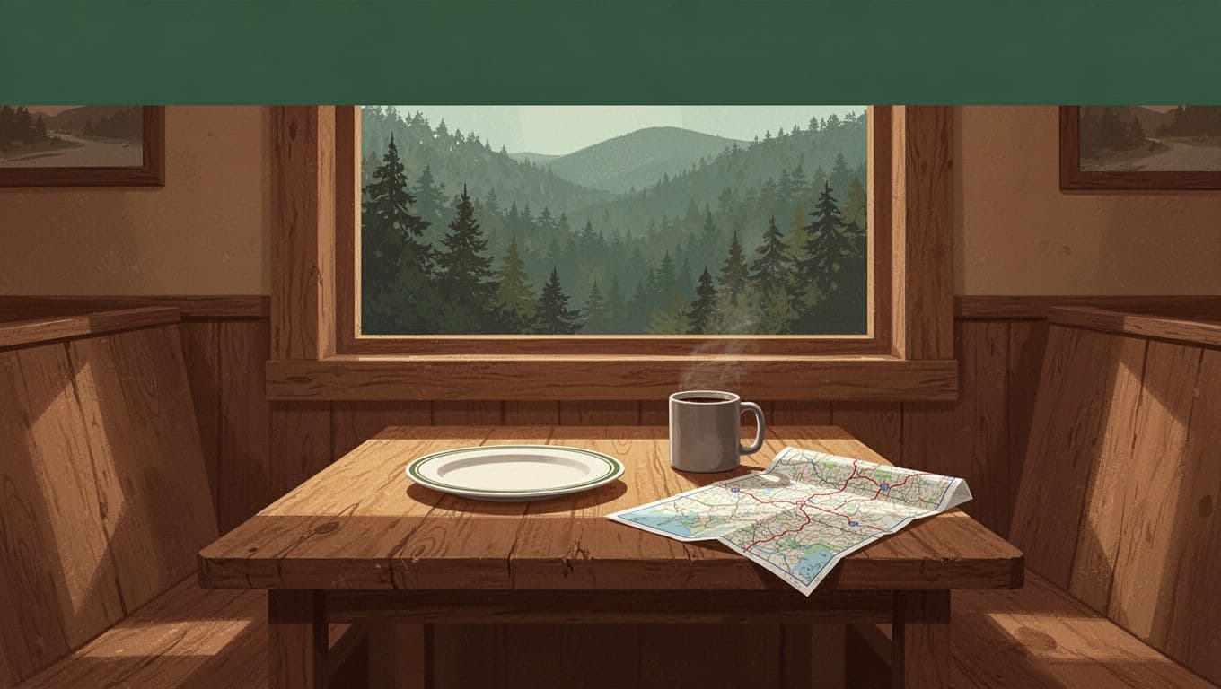 A rustic table with food, coffee, and a road map overlooks wooded hills.
