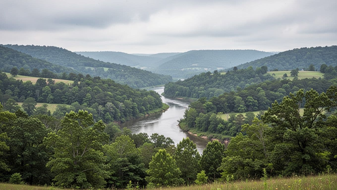 Green hills and trees surround a river valley under an overcast sky.