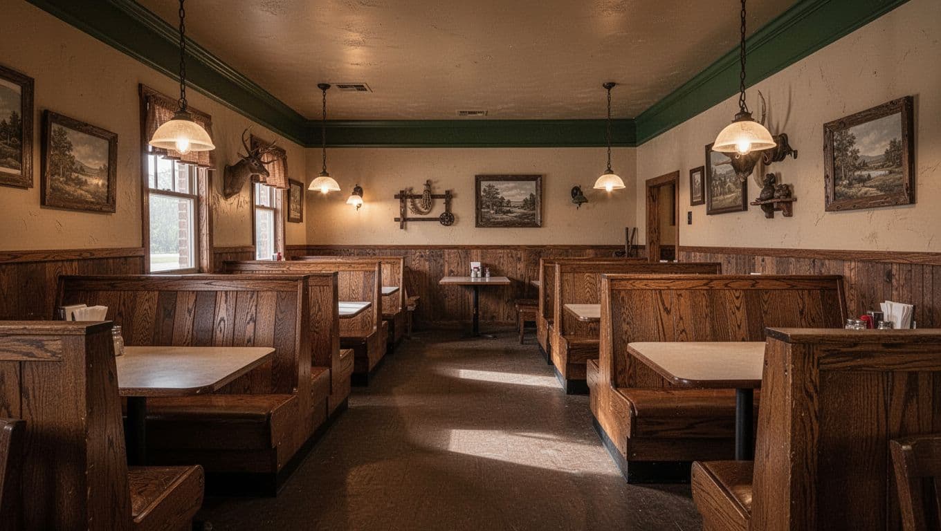Cozy Arkansas restaurant with wooden booths, warm lights, and a Local Flavor banner.