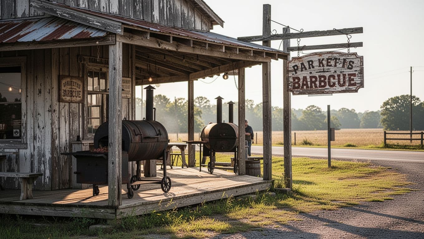 A rustic Arkansas barbecue restaurant with a porch, smoker, vintage sign, and distant person.