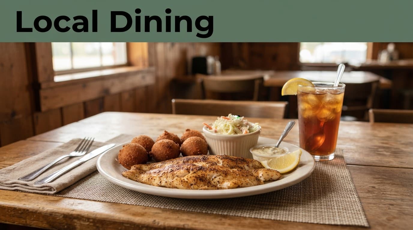 Grilled catfish with hushpuppies, slaw, and iced tea on a wooden table.