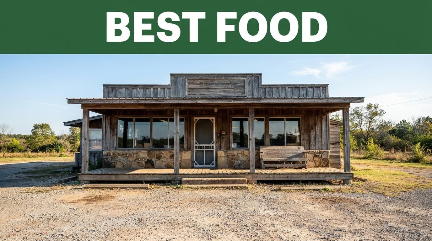 A rustic Arkansas diner with one wooden bench under a clear sky.