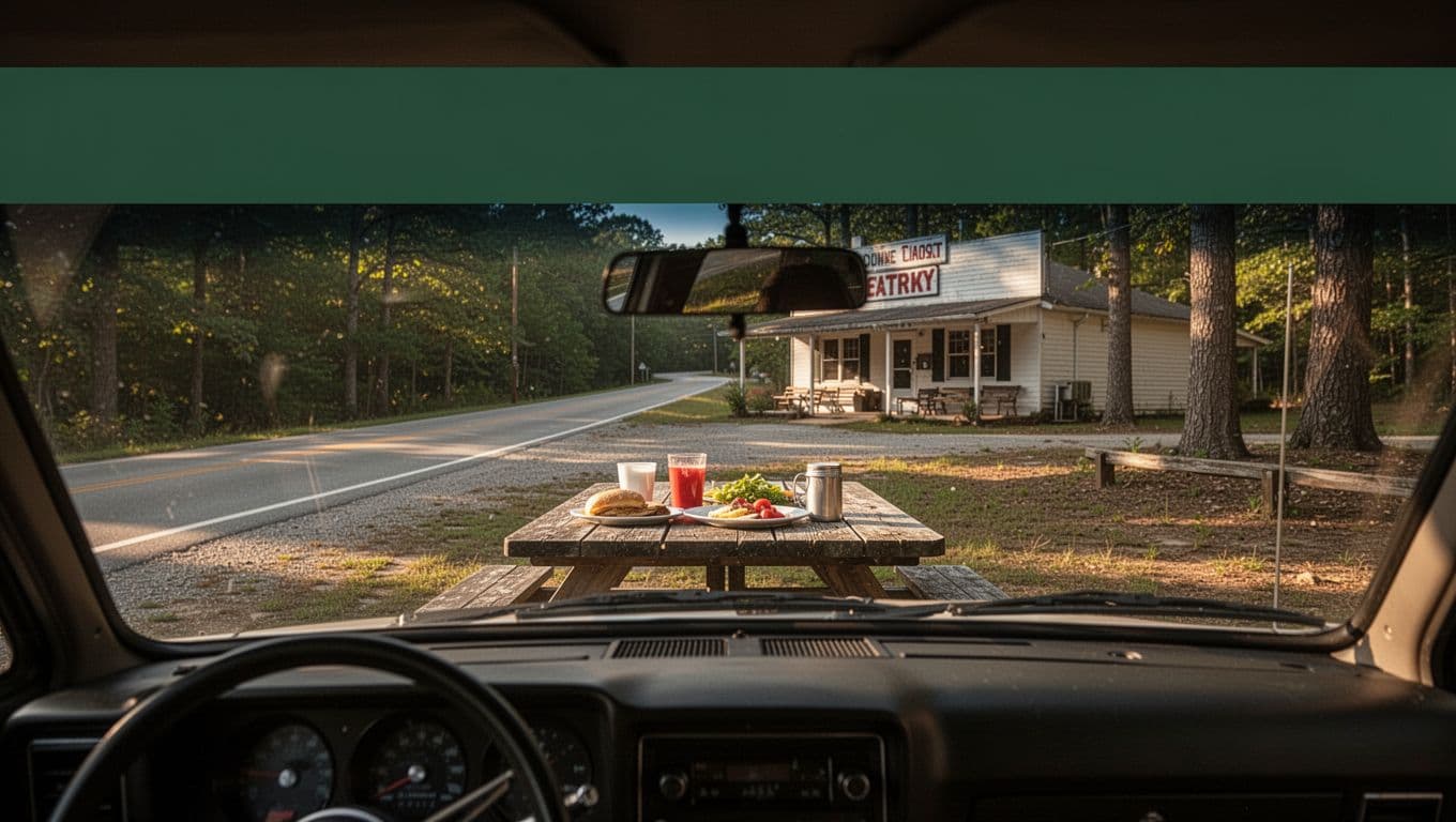 A picnic table and meal outside a small restaurant on a wooded Arkansas road.