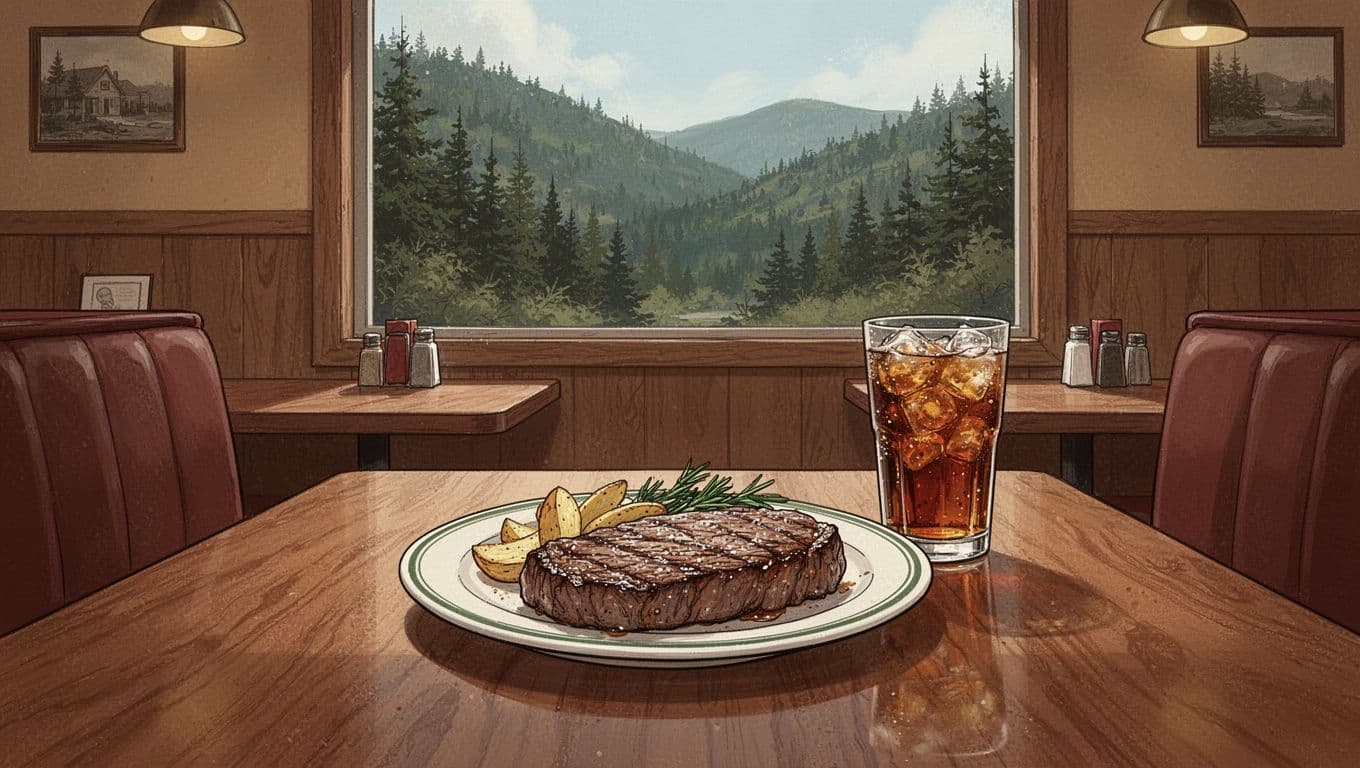 Steak dinner and iced tea on a wooden table in a small-town steakhouse.