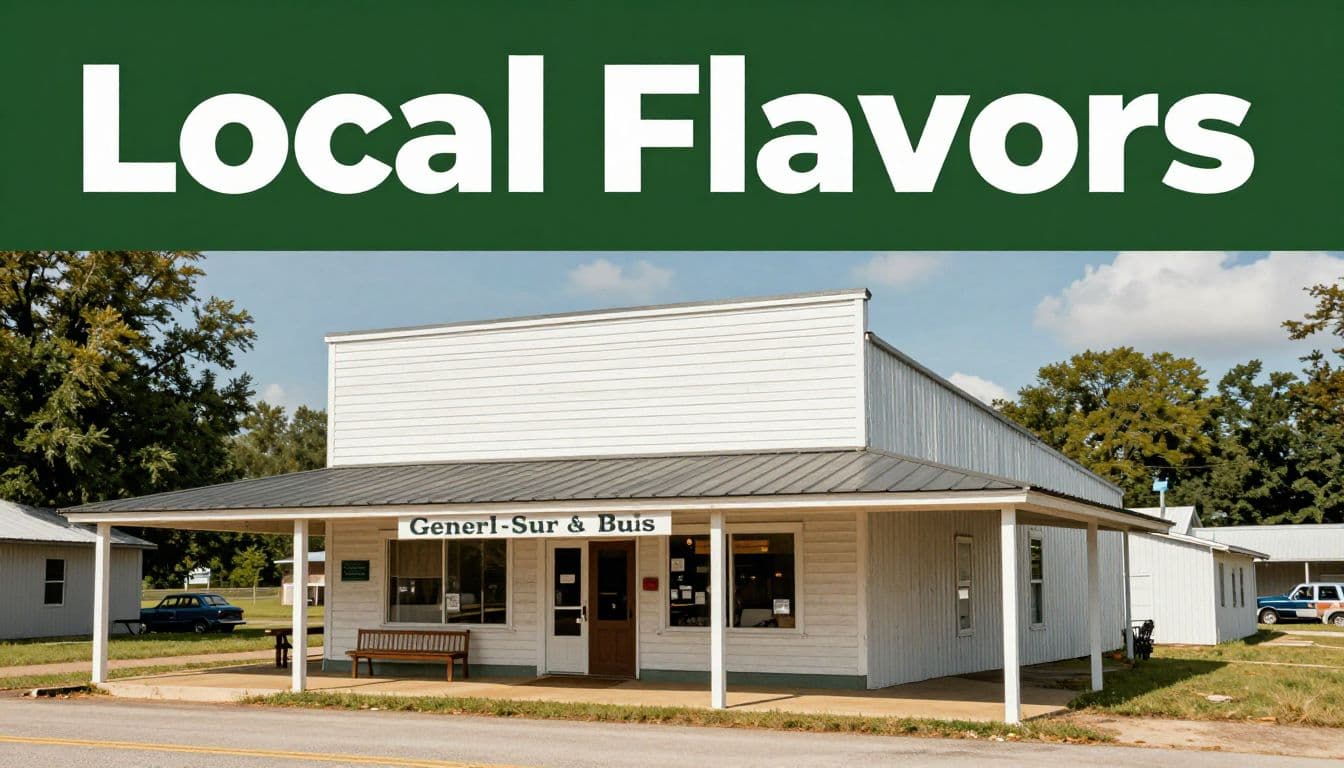 A rural Arkansas general store and diner with a green Local Flavors banner.