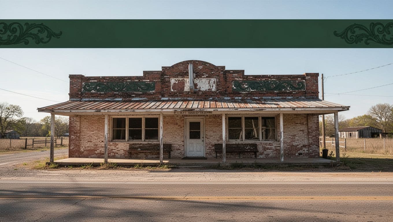 A rural Arkansas diner beside a highway with a dark green Local Dining banner.