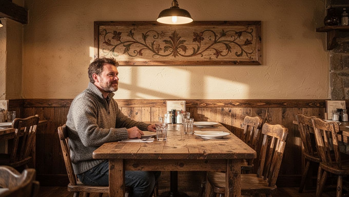 Cozy Arkansas restaurant with wooden tables, warm lights, and one person.
