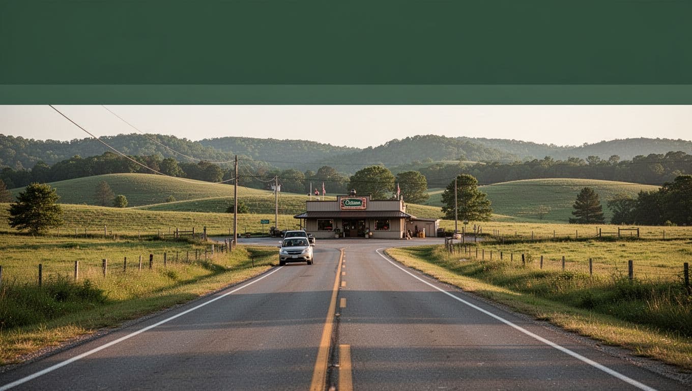 A rural road leads toward a small restaurant in green Arkansas foothills.