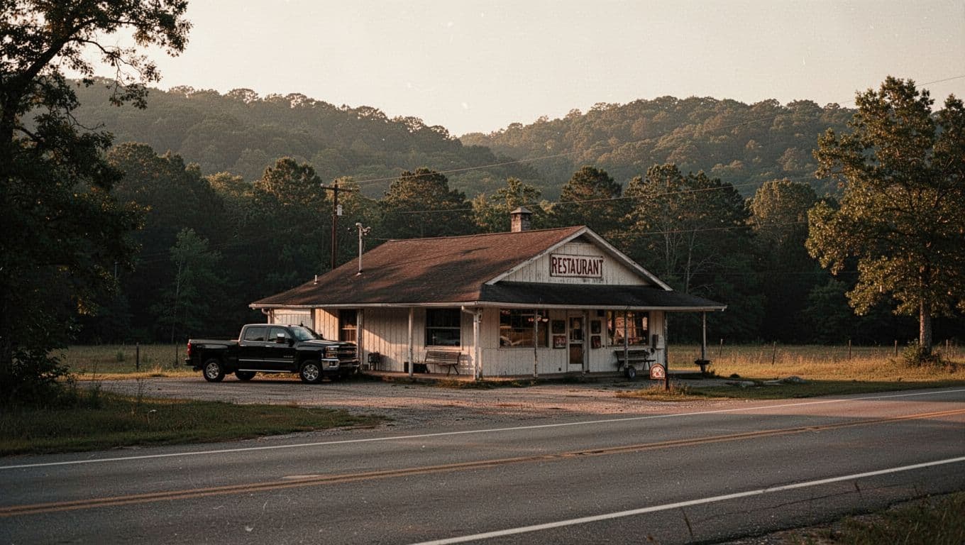A country restaurant and parked pickup truck beside a wooded rural road.