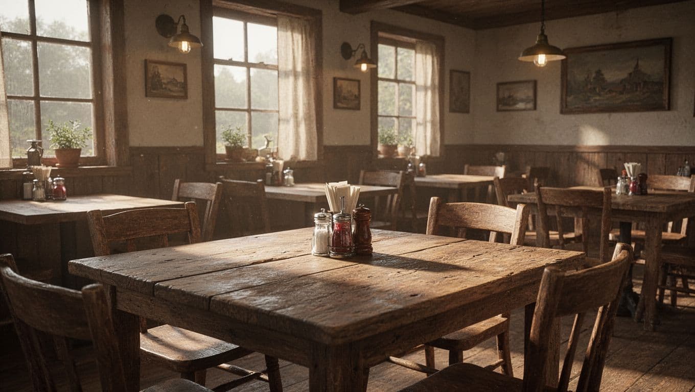 Rustic Arkansas diner with a wooden table, warm light, sunny windows, and a Good Eats banner.
