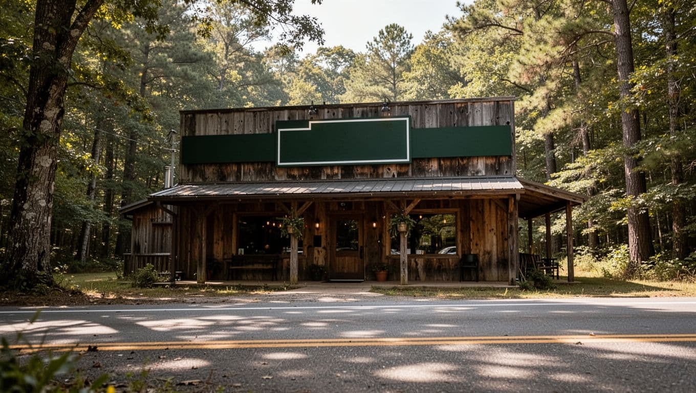 Rustic restaurant sign reading