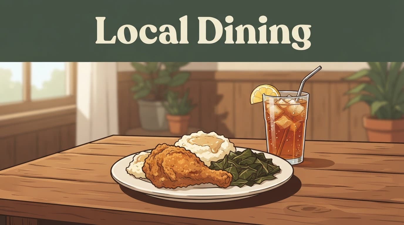 A plate of Southern comfort food and iced tea on a wooden table.