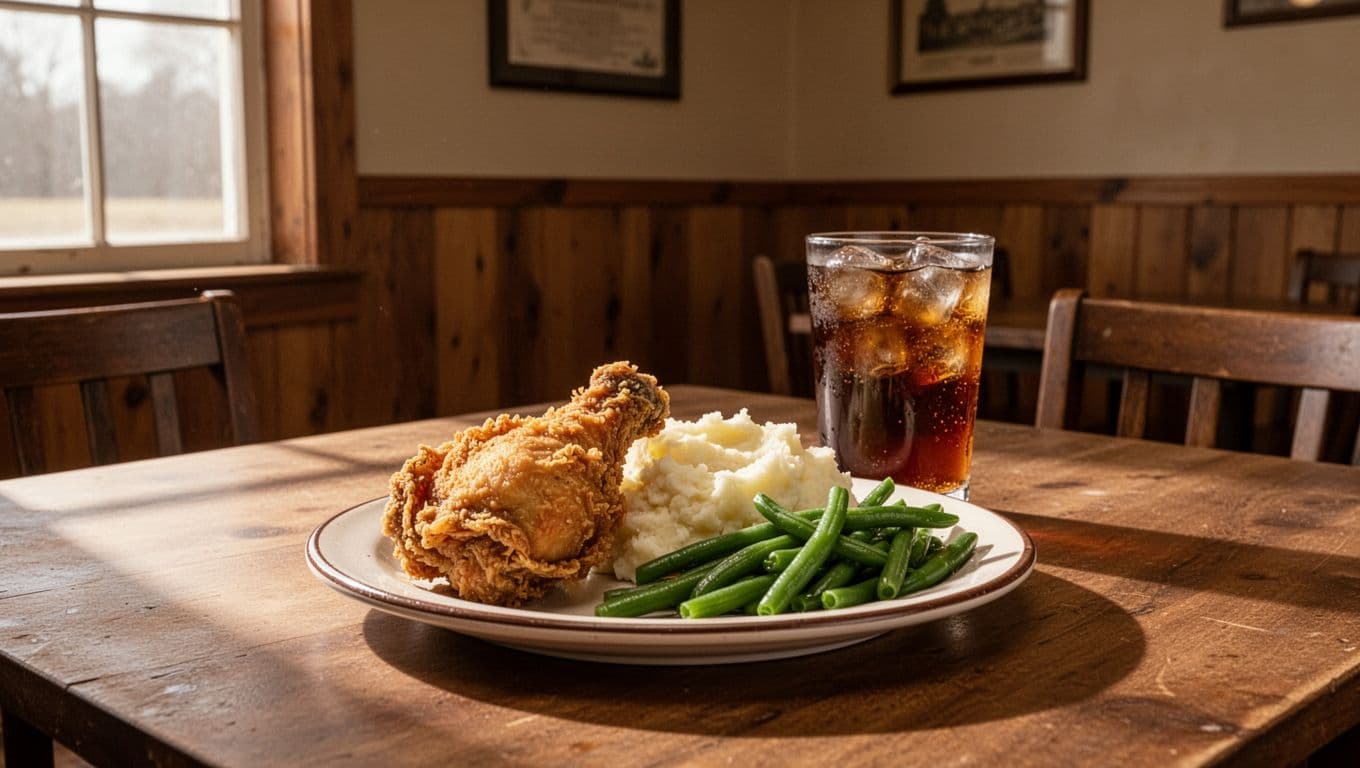 Fried chicken, mashed potatoes, green beans, and iced tea fill a rustic dining table.