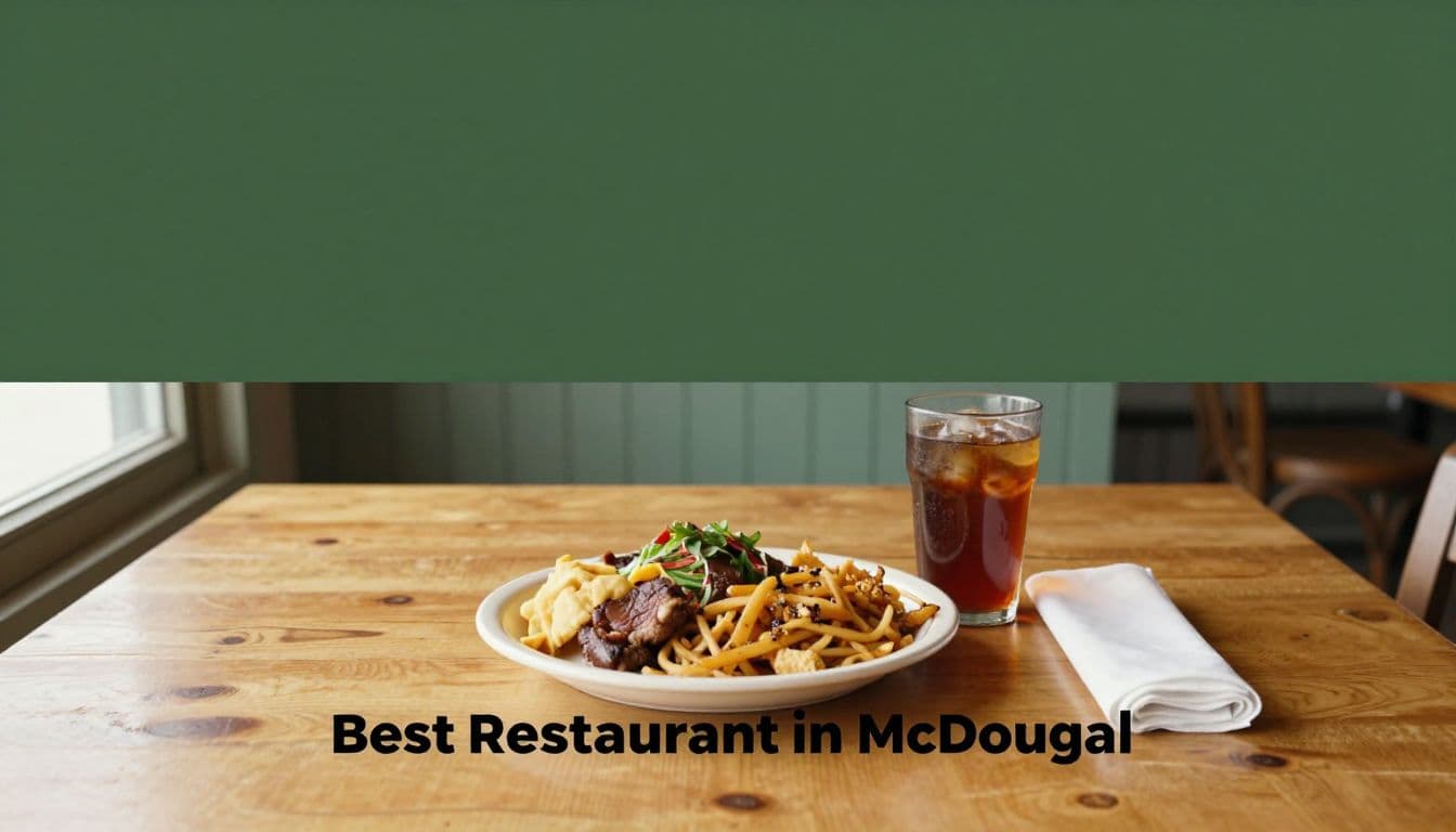 Southern comfort food, iced tea, and a folded napkin on a wooden table.