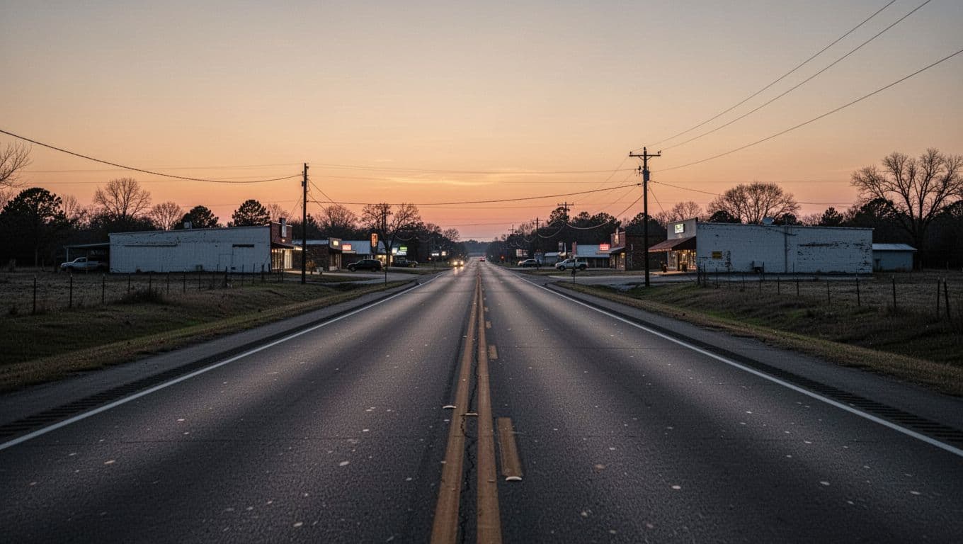 A rural highway leads into an Arkansas town at dusk beneath a ROAD TRIP banner.
