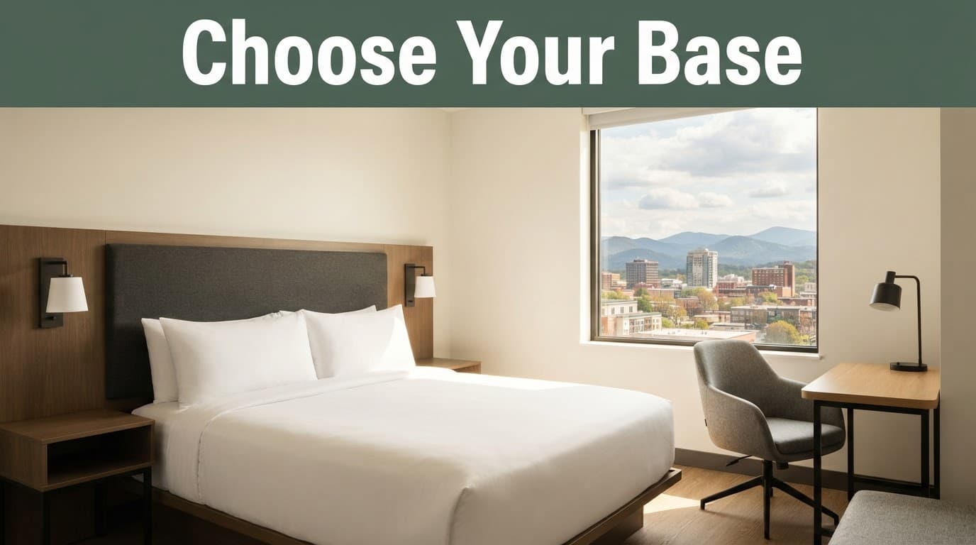 A hotel room with a made bed, armchair, desk, mountain view, and green headline band.