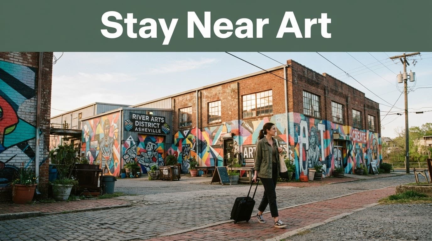 A traveler with a small suitcase walks past murals and converted studios.