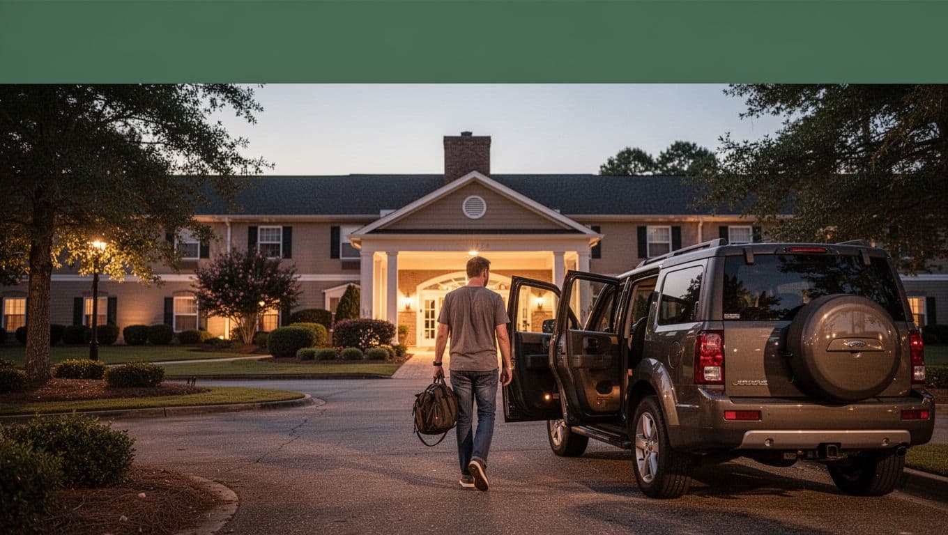 A traveler outside a warmly lit hotel with one parked SUV at dusk.
