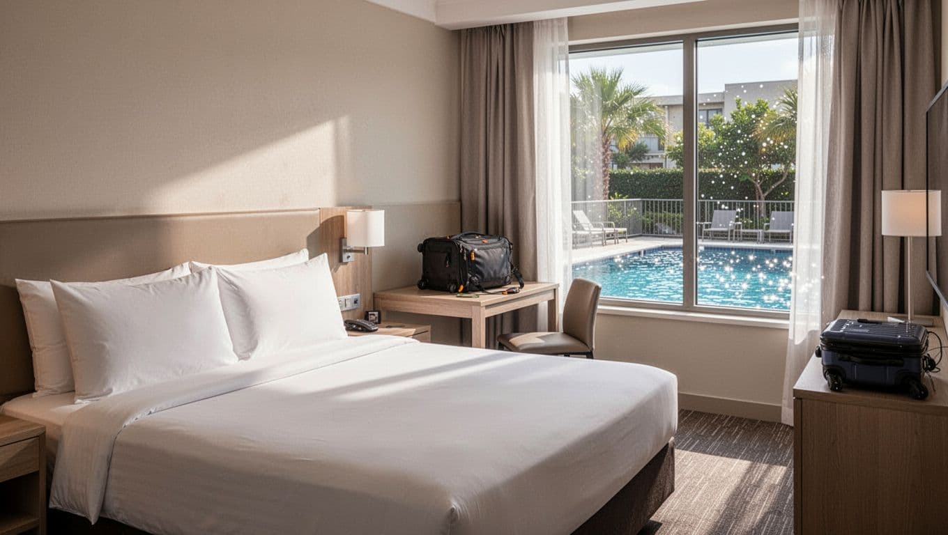 A tidy hotel room with a bed, desk, travel bag, and pool outside the window.