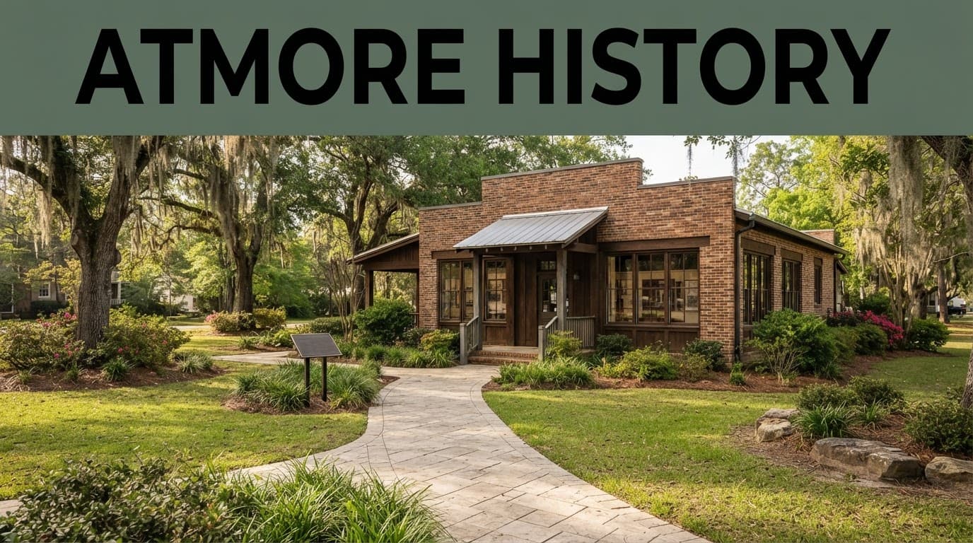A brick museum with trees and a walkway under a green header band.
