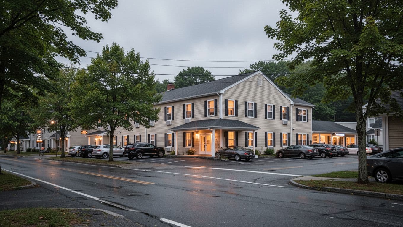 A low-rise roadside hotel with parked cars, trees, and warm windows under a Budget Stays headline.