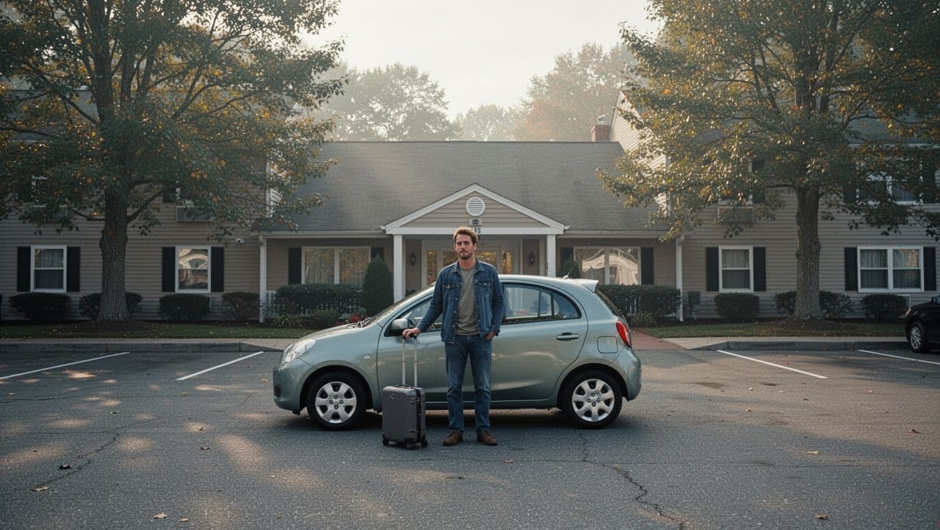 Traveler with a suitcase beside a compact car outside a hotel.