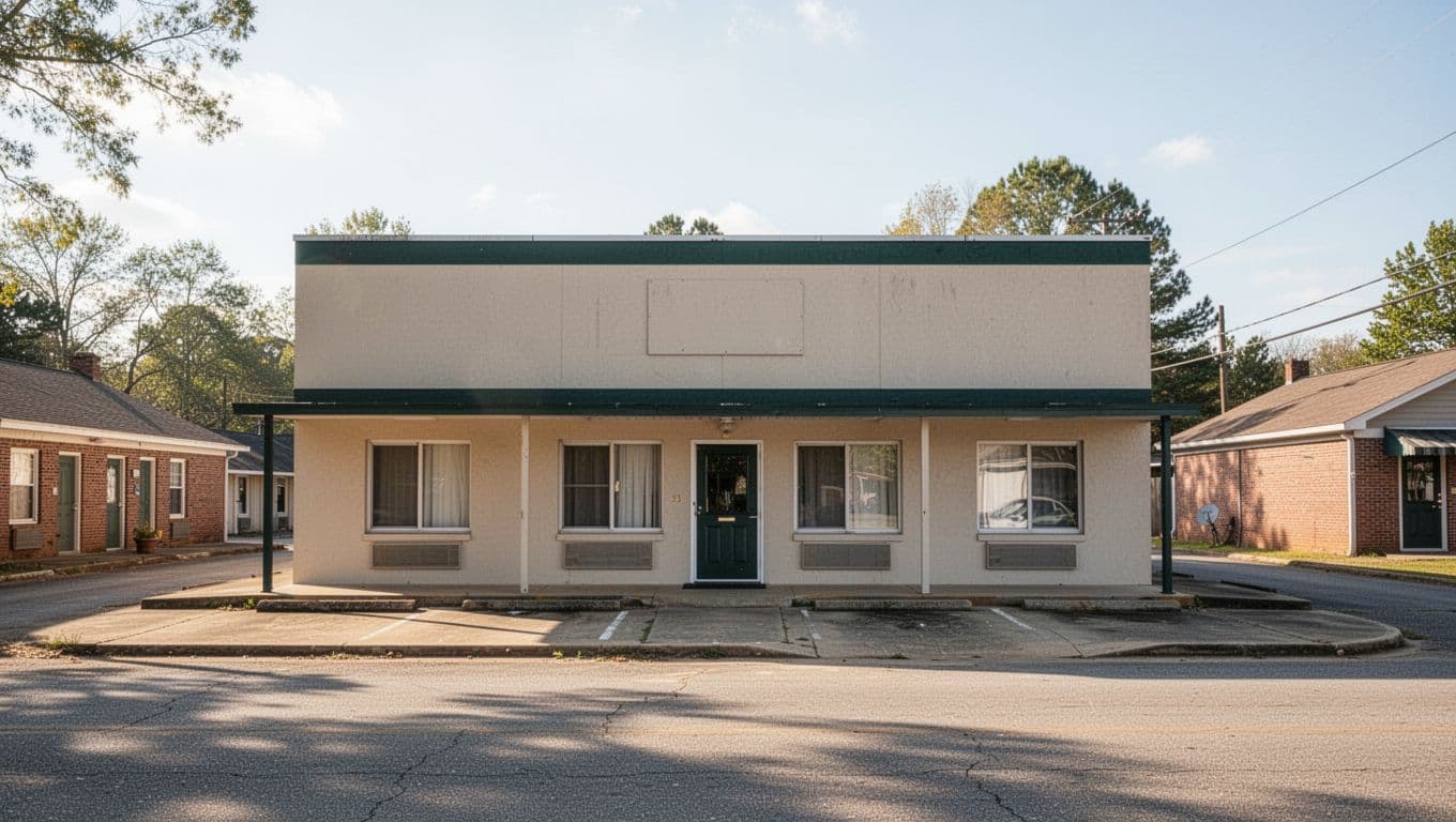 A clean motel exterior in Auburn with a dark-green Budget Stays sign.