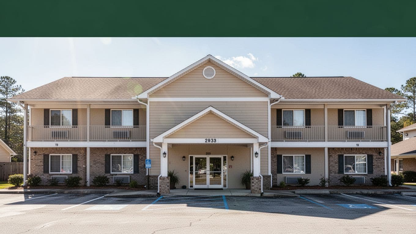 A sunny Baldwin County hotel exterior with a green band reading 