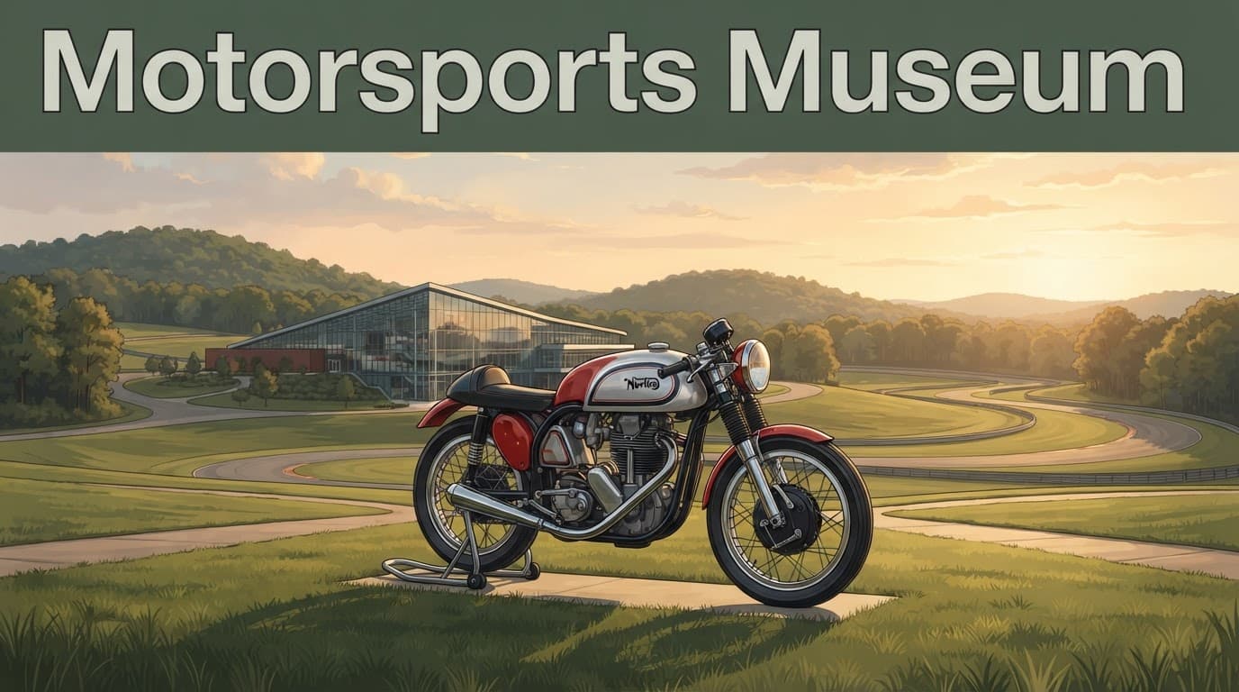 A classic motorcycle displayed before a museum and racetrack on a sunny Alabama hillside.