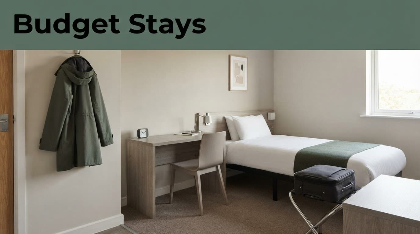 Compact hotel room with a single bed, desk, luggage, and coat.