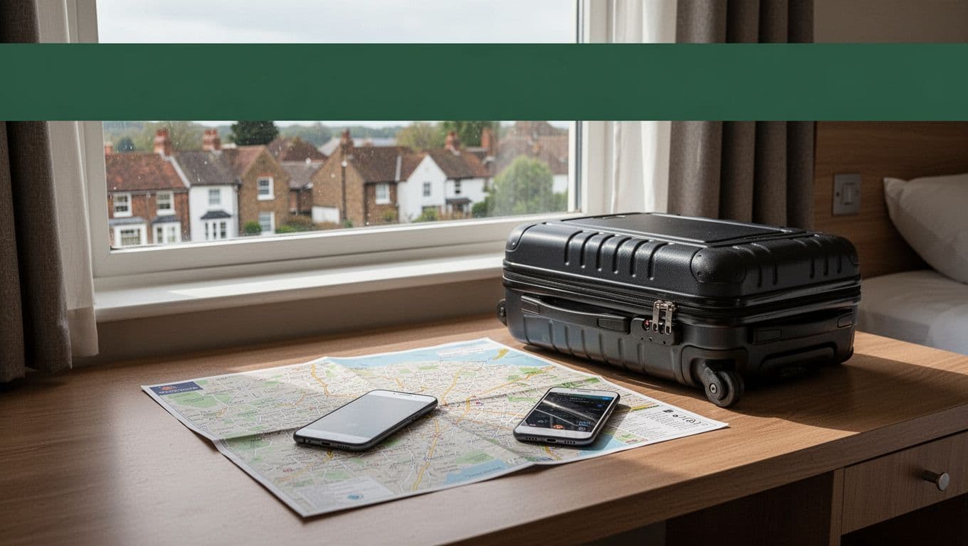 Suitcase, smartphone, and local map arranged on a bright hotel desk near a window.