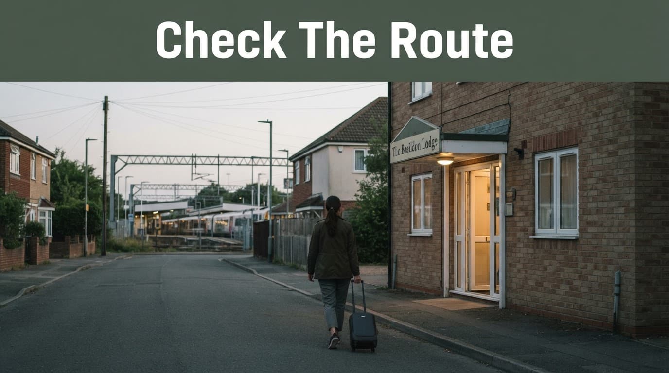 A traveller with a small suitcase approaches a hotel near a transport stop.