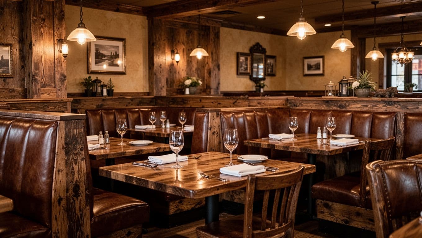 Empty steakhouse dining room with wooden booths and warmly lit tables.