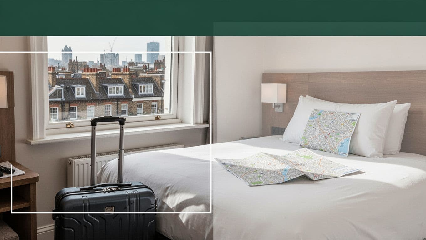 A suitcase and folded map sit beside a simple hotel bed.