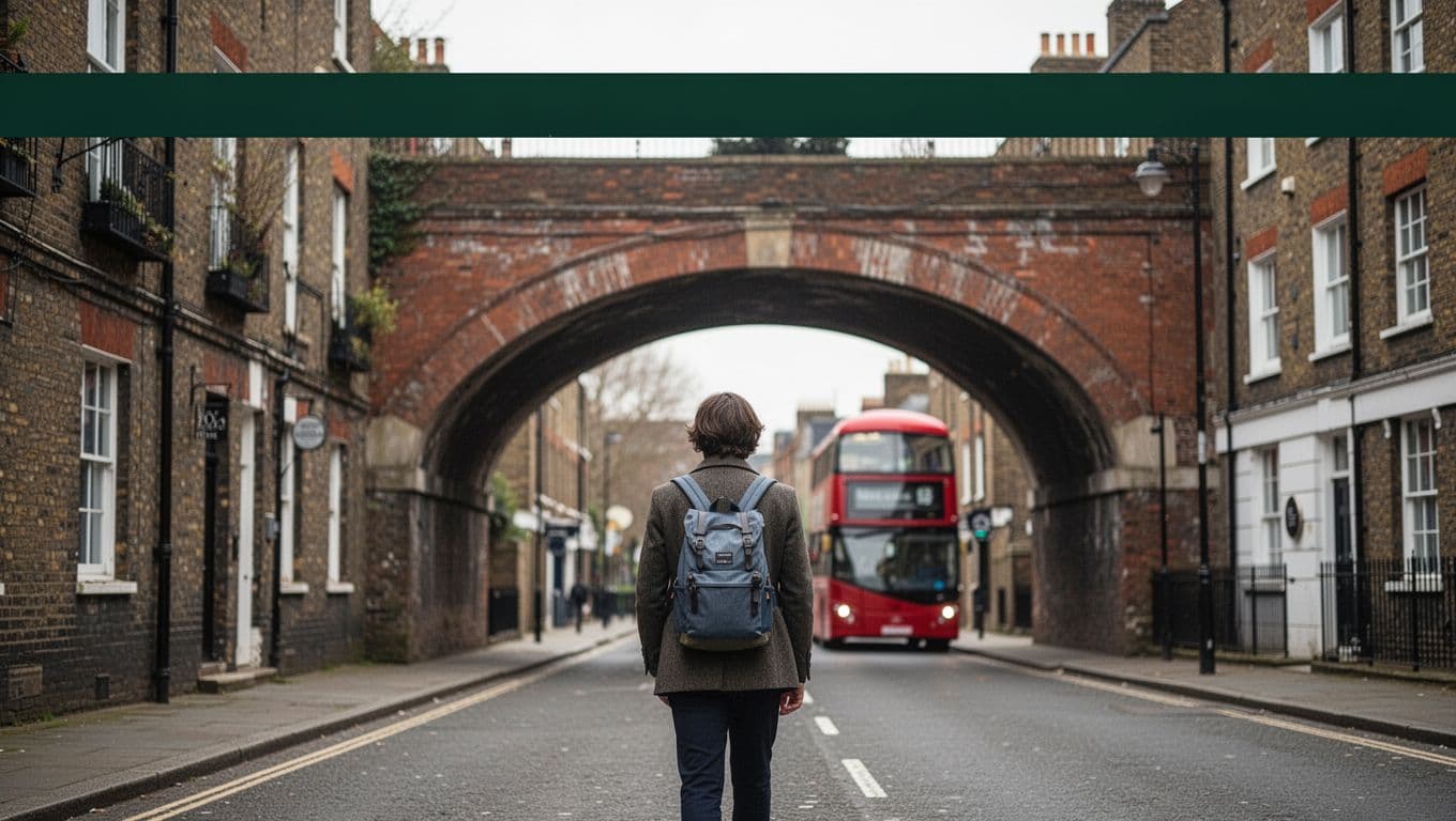 A visitor with a backpack beside a Battersea street and railway arch, with a bus in the background.