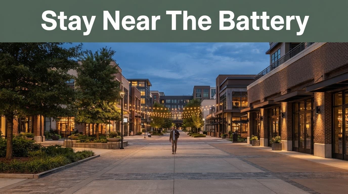 One traveler walks through The Battery Atlanta plaza at evening.