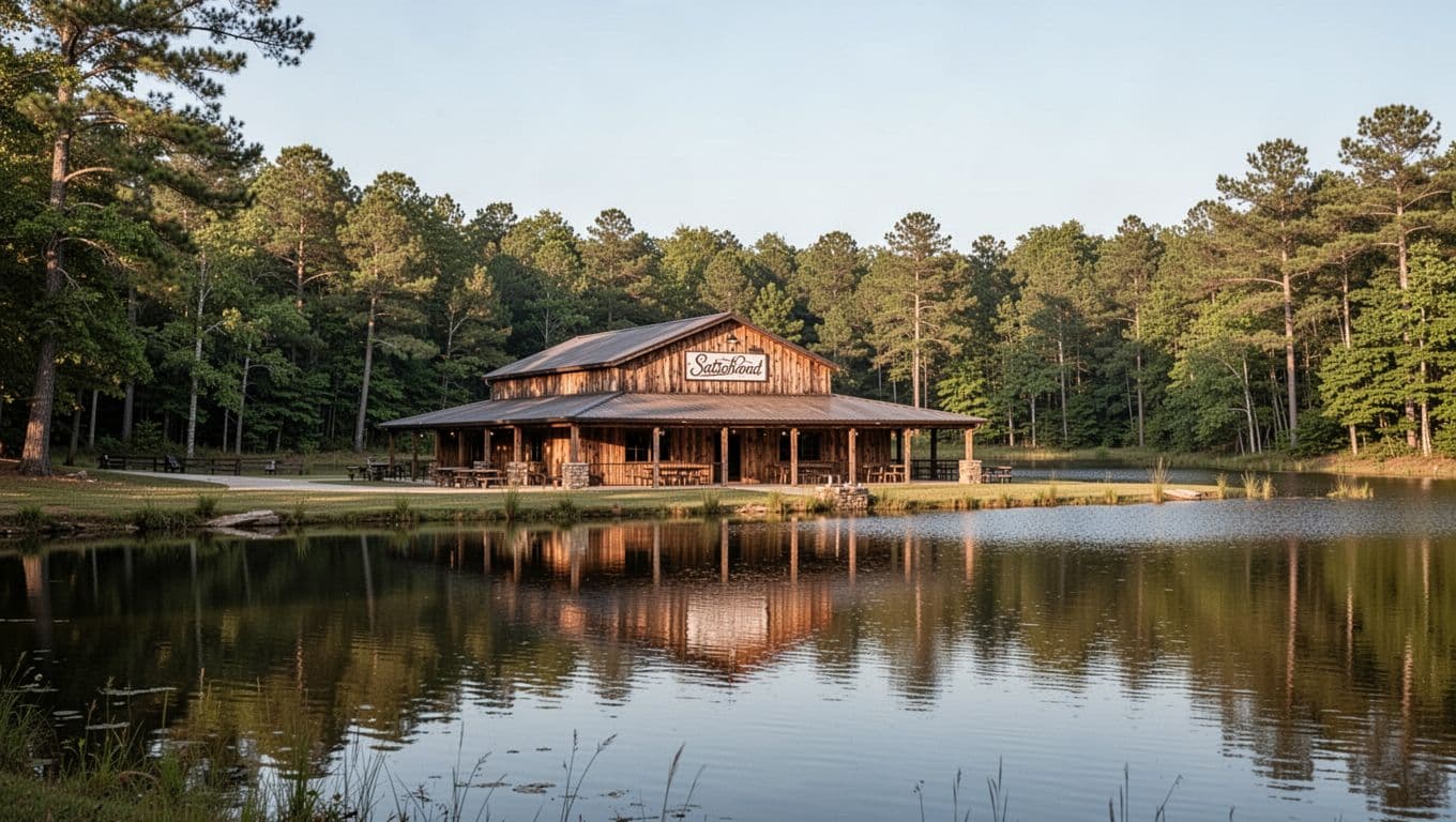 Rustic restaurant beside a wooded lake with a Rural Dining header.