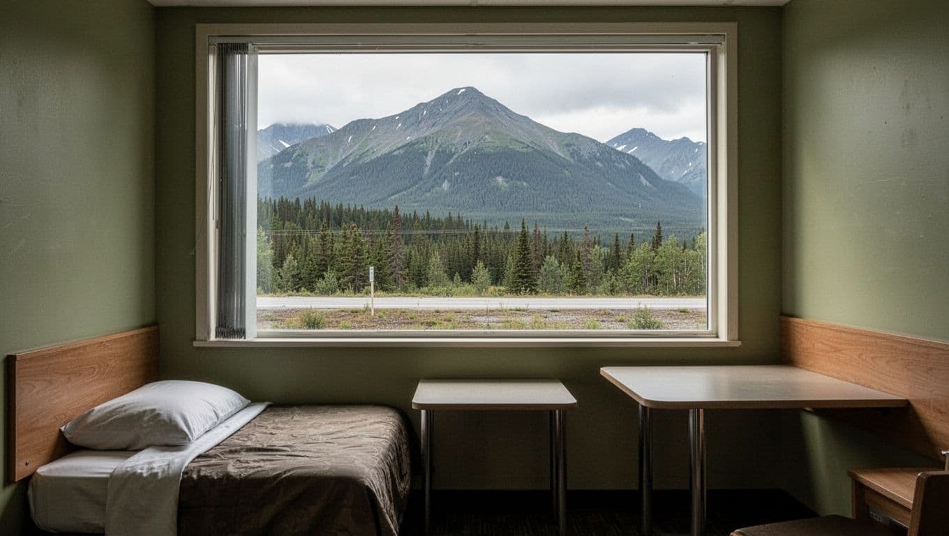 A clean motel room with one bed, a small table, and mountain views.